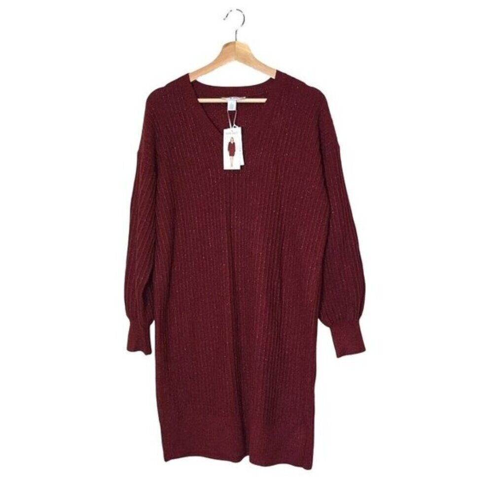 NWT Nine West Lurex V-Neck Sweater Dress Syrah Womens size Large